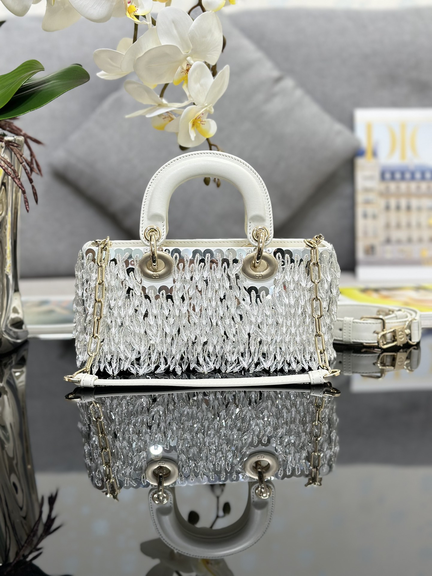 Small Lady D-Joy Bag Beige Satin Embroidered with Silver Beads Tassel